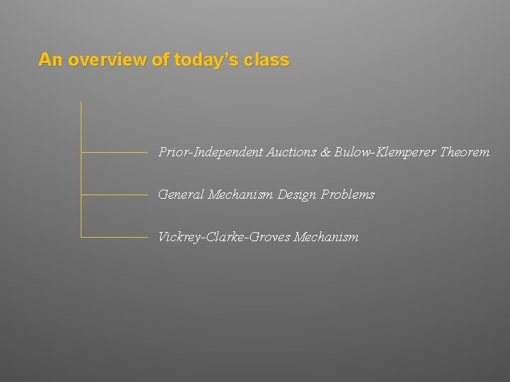An overview of today’s class Prior-Independent Auctions & Bulow-Klemperer Theorem General Mechanism Design Problems