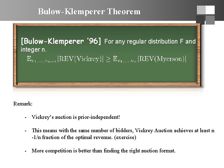 Bulow-Klemperer Theorem [Bulow-Klemperer ’ 96] For any regular distribution F and integer n. Remark: