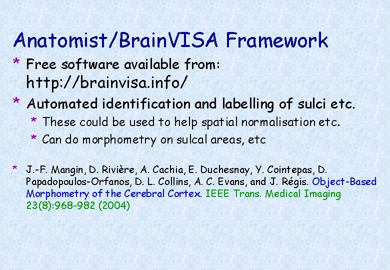 Anatomist/Brain. VISA Framework * Free software available from: http: //brainvisa. info/ * Automated identification