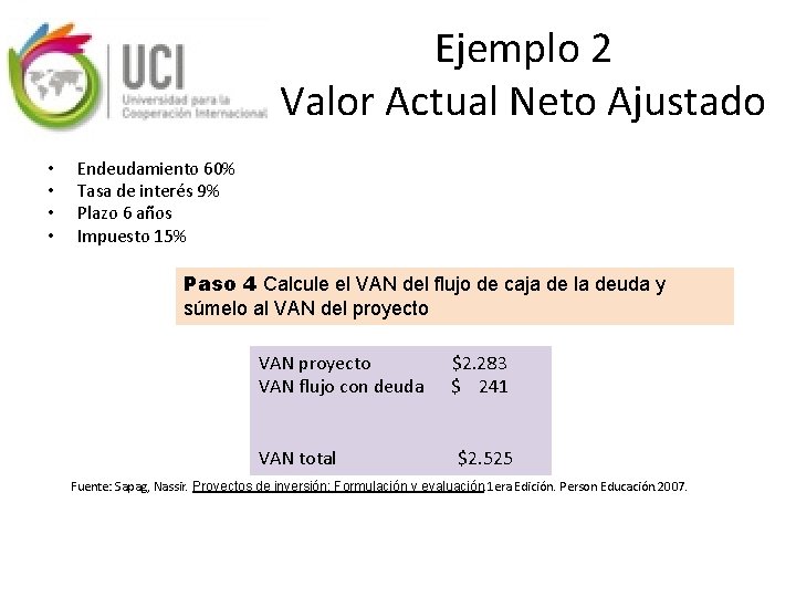 Ejemplo 2 Valor Actual Neto Ajustado • • Endeudamiento 60% Tasa de interés 9%