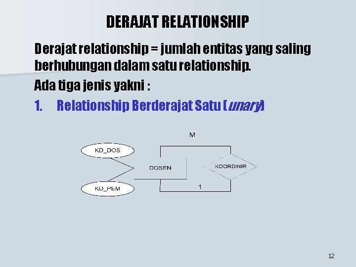 DERAJAT RELATIONSHIP Derajat relationship = jumlah entitas yang saling berhubungan dalam satu relationship. Ada