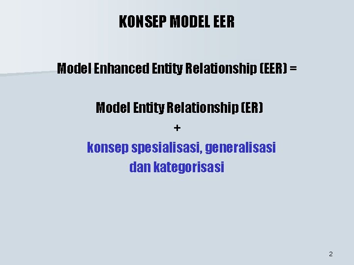 KONSEP MODEL EER Model Enhanced Entity Relationship (EER) = Model Entity Relationship (ER) + KONSEP MODEL EER Model Enhanced Entity Relationship (EER) = Model Entity Relationship (ER) +