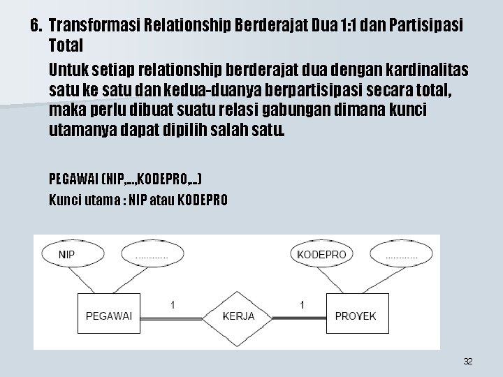 6. Transformasi Relationship Berderajat Dua 1: 1 dan Partisipasi Total Untuk setiap relationship berderajat 6. Transformasi Relationship Berderajat Dua 1: 1 dan Partisipasi Total Untuk setiap relationship berderajat