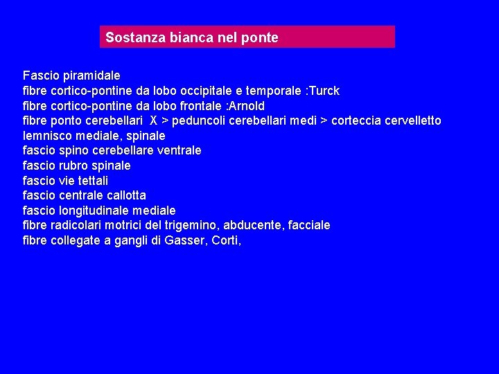 Sostanza bianca nel ponte Fascio piramidale fibre cortico-pontine da lobo occipitale e temporale : Sostanza bianca nel ponte Fascio piramidale fibre cortico-pontine da lobo occipitale e temporale :