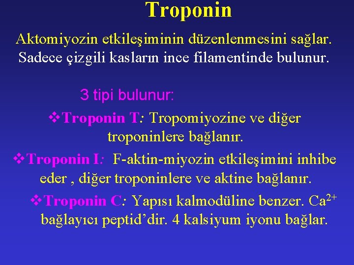 Troponin Aktomiyozin etkileşiminin düzenlenmesini sağlar. Sadece çizgili kasların ince filamentinde bulunur. 3 tipi bulunur: