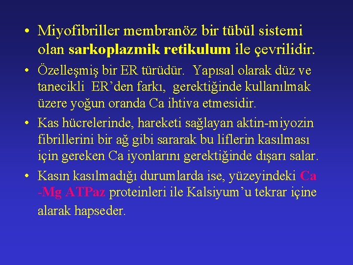  • Miyofibriller membranöz bir tübül sistemi olan sarkoplazmik retikulum ile çevrilidir. • Özelleşmiş