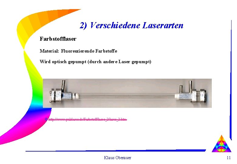 2) Verschiedene Laserarten Farbstofflaser Material: Fluoreszierende Farbstoffe Wird optisch gepumpt (durch andere Laser gepumpt)