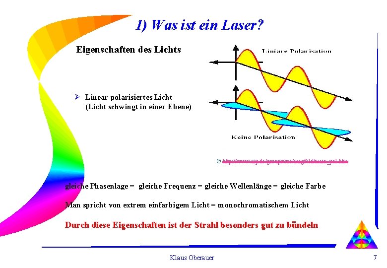 1) Was ist ein Laser? Eigenschaften des Lichts Ø Linear polarisiertes Licht (Licht schwingt