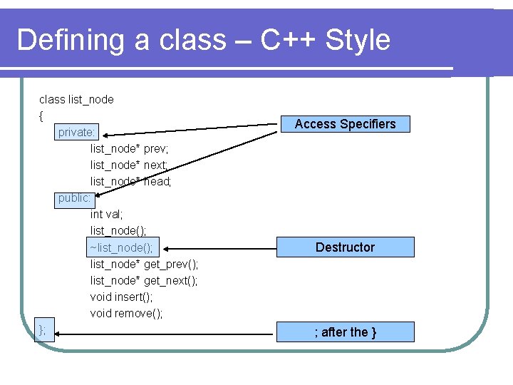 Defining a class – C++ Style class list_node { private: list_node* prev; list_node* next;