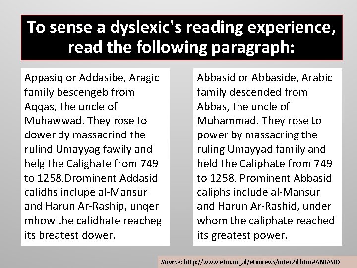 To sense a dyslexic's reading experience, read the following paragraph: Appasiq or Addasibe, Aragic