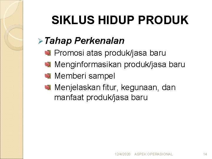 SIKLUS HIDUP PRODUK Ø Tahap Perkenalan Promosi atas produk/jasa baru Menginformasikan produk/jasa baru Memberi