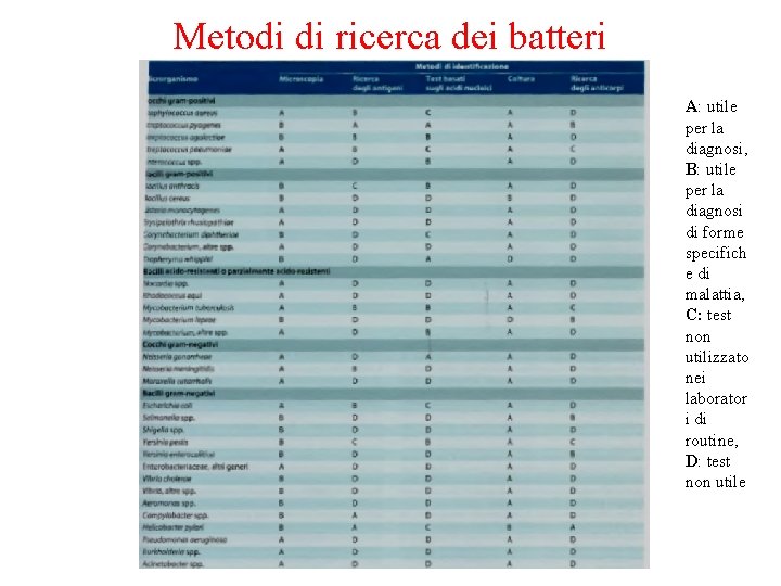Metodi di ricerca dei batteri A: utile per la diagnosi, B: utile per la