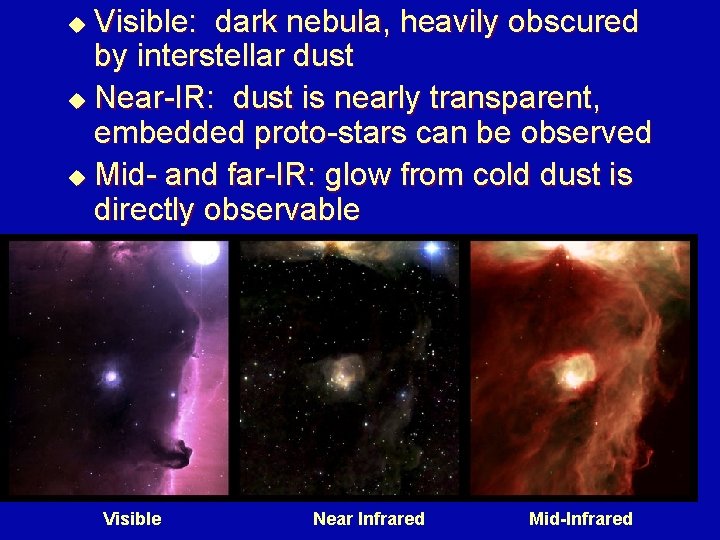 Visible: dark nebula, heavily obscured by interstellar dust u Near-IR: dust is nearly transparent,
