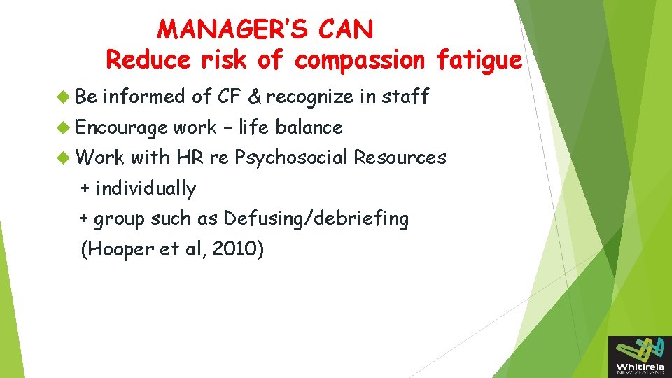MANAGER’S CAN Reduce risk of compassion fatigue Be informed of CF & recognize in