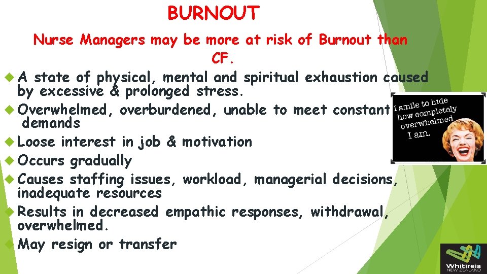 BURNOUT Nurse Managers may be more at risk of Burnout than CF. A state