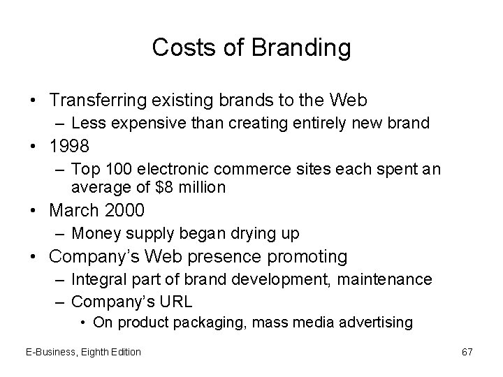 Costs of Branding • Transferring existing brands to the Web – Less expensive than