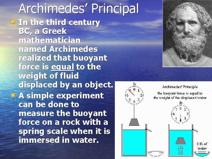 Archimedes’ Principal • In the third century • BC, a Greek mathematician named Archimedes