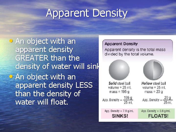 Apparent Density • An object with an apparent density GREATER than the density of