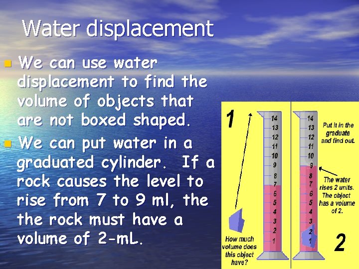 Water displacement We can use water displacement to find the volume of objects that