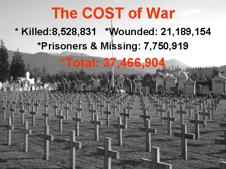 The COST of War * Killed: 8, 528, 831 *Wounded: 21, 189, 154 *Prisoners