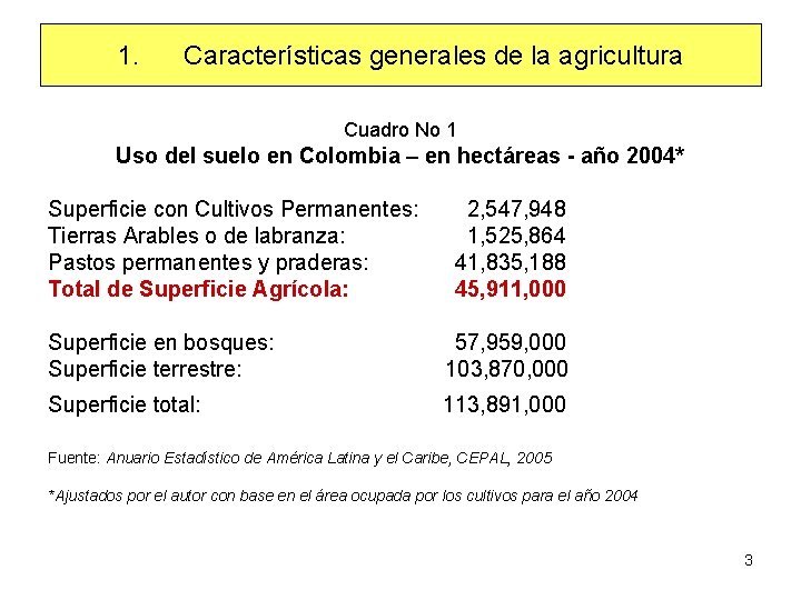 1. Características generales de la agricultura Cuadro No 1 Uso del suelo en Colombia
