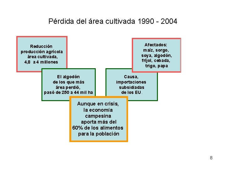 Pérdida del área cultivada 1990 - 2004 Afectados: maíz, sorgo, soya, algodón, fríjol, cebada,