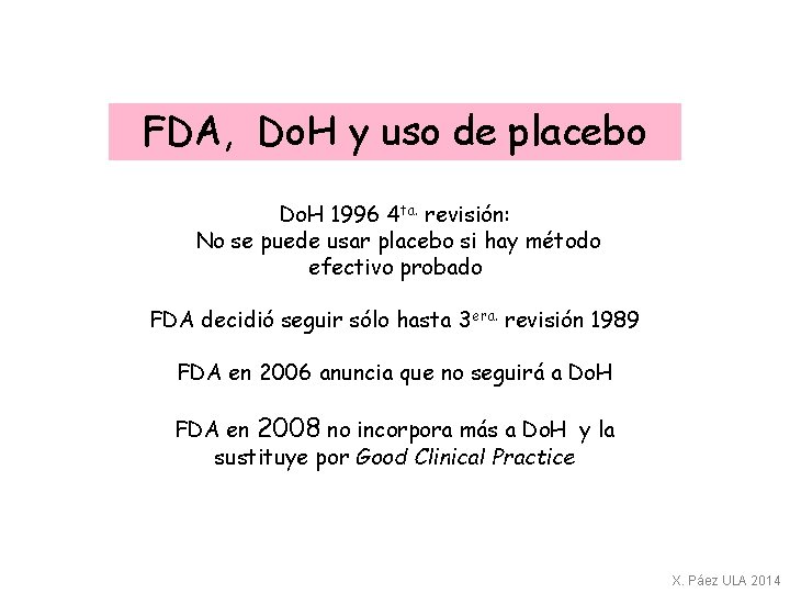 FDA, Do. H y uso de placebo Do. H 1996 4 ta. revisión: No