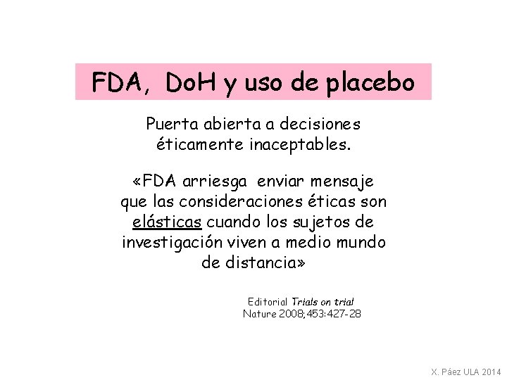 FDA, Do. H y uso de placebo Puerta abierta a decisiones éticamente inaceptables. «FDA
