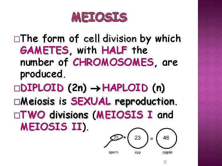 MEIOSIS �The form of cell division by which GAMETES, with HALF the number of