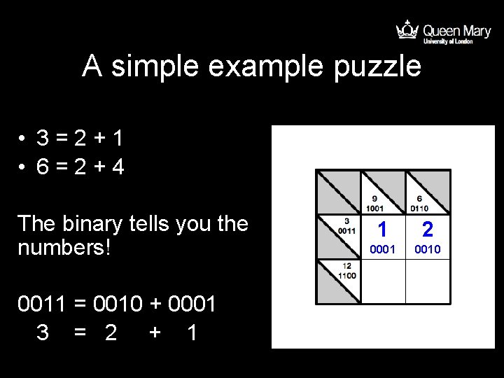 A simple example puzzle • 3=2+1 • 6=2+4 The binary tells you the numbers!