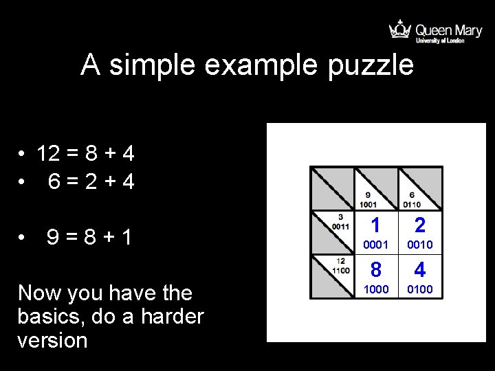 A simple example puzzle • 12 = 8 + 4 • 6=2+4 • 9=8+1