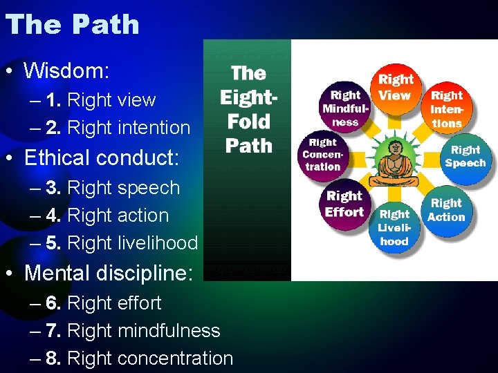 The Path • Wisdom: – 1. Right view – 2. Right intention • Ethical