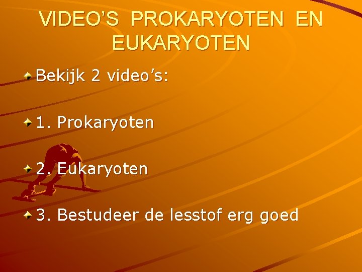 VIDEO’S PROKARYOTEN EN EUKARYOTEN Bekijk 2 video’s: 1. Prokaryoten 2. Eukaryoten 3. Bestudeer de