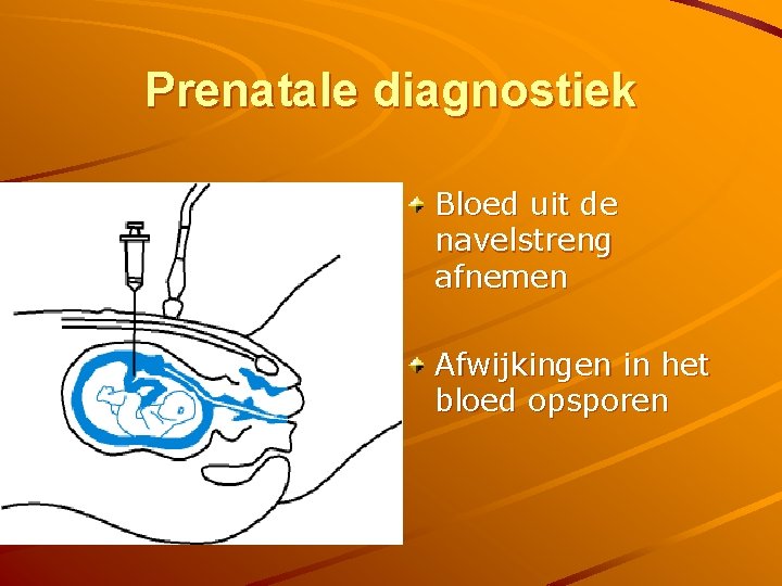 Prenatale diagnostiek Bloed uit de navelstreng afnemen Afwijkingen in het bloed opsporen 