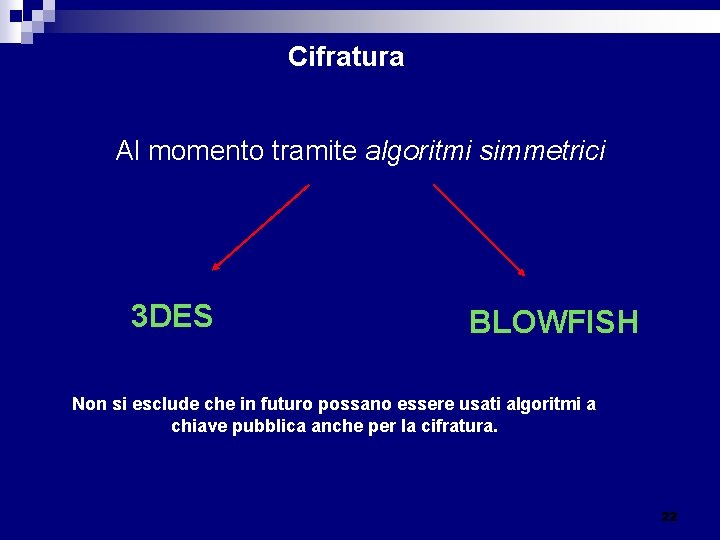 Cifratura Al momento tramite algoritmi simmetrici 3 DES BLOWFISH Non si esclude che in