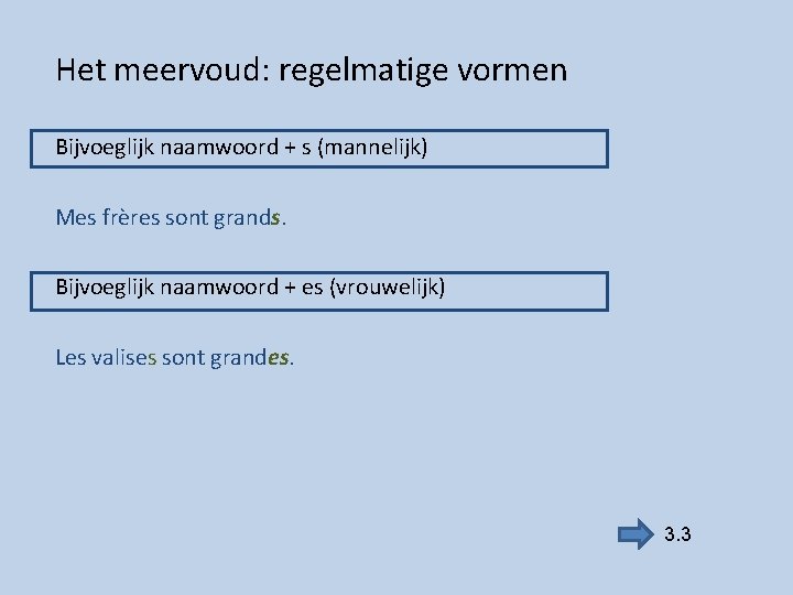 Het meervoud: regelmatige vormen Bijvoeglijk naamwoord + s (mannelijk) Mes frères sont grands. Bijvoeglijk