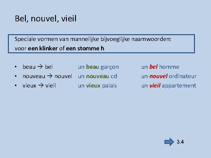 Bel, nouvel, vieil Speciale vormen van mannelijke bijvoeglijke naamwoorden: voor een klinker of een