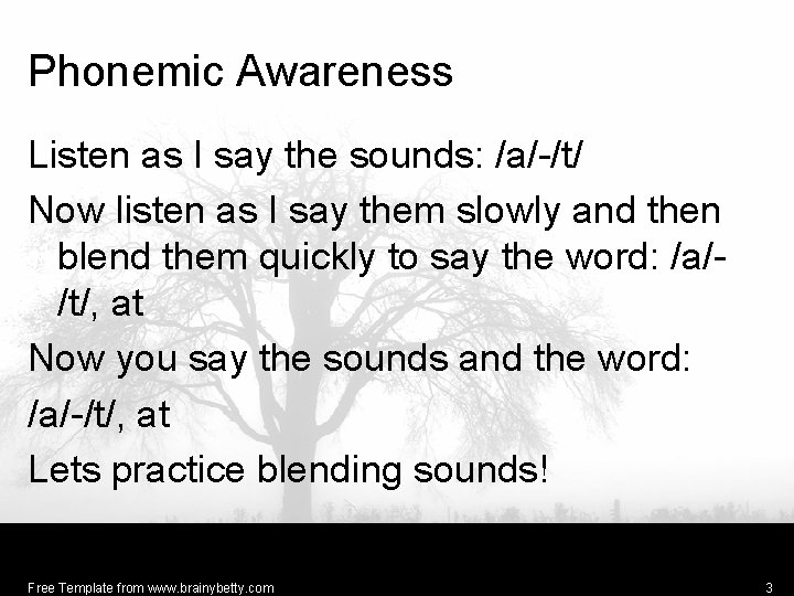 Phonemic Awareness Listen as I say the sounds: /a/-/t/ Now listen as I say