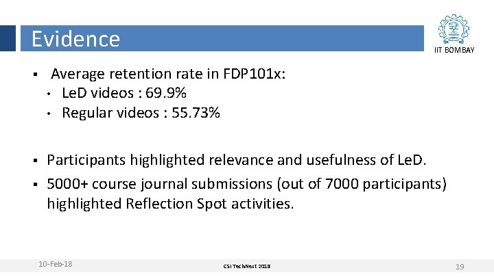Evidence IIT BOMBAY § Average retention rate in FDP 101 x: • Le. D