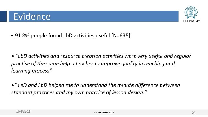 Evidence IIT BOMBAY • 91. 8% people found Lb. D activities useful [N=695] •