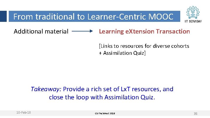 From traditional to Learner-Centric MOOC Additional material IIT BOMBAY Learning e. Xtension Transaction [Links