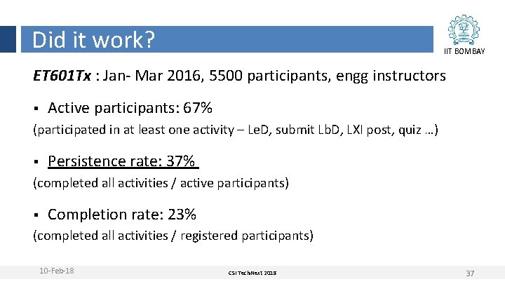 Did it work? IIT BOMBAY ET 601 Tx : Jan- Mar 2016, 5500 participants,