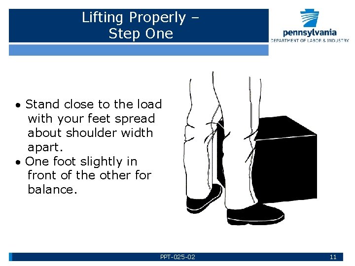 Lifting Properly – Step One · Stand close to the load with your feet