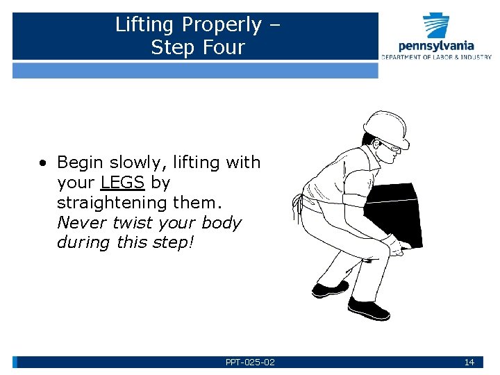 Lifting Properly – Step Four • Begin slowly, lifting with your LEGS by straightening
