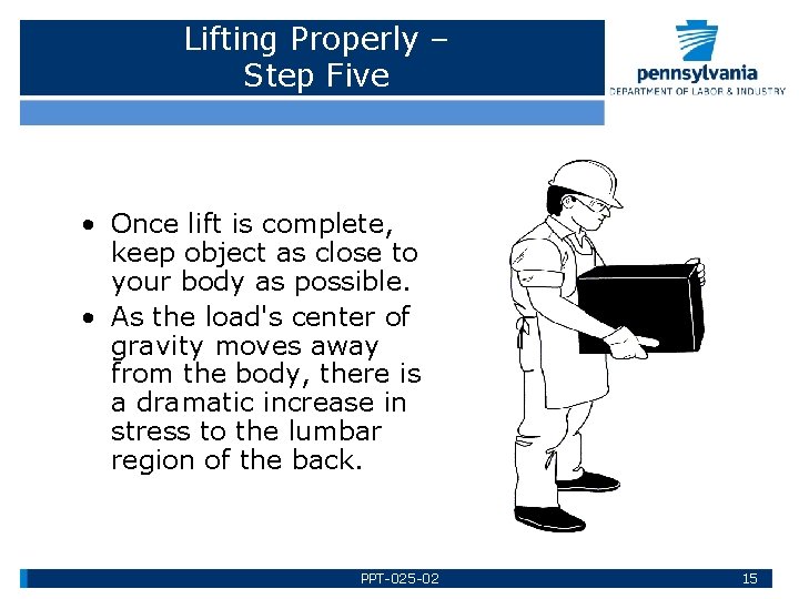 Lifting Properly – Step Five • Once lift is complete, keep object as close