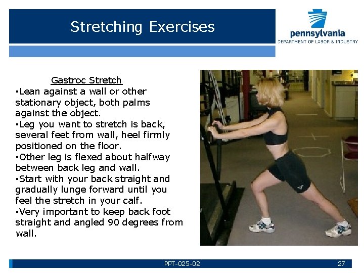 Stretching Exercises Gastroc Stretch ▪Lean against a wall or other stationary object, both palms