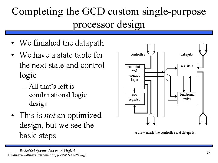 Completing the GCD custom single-purpose processor design • We finished the datapath • We