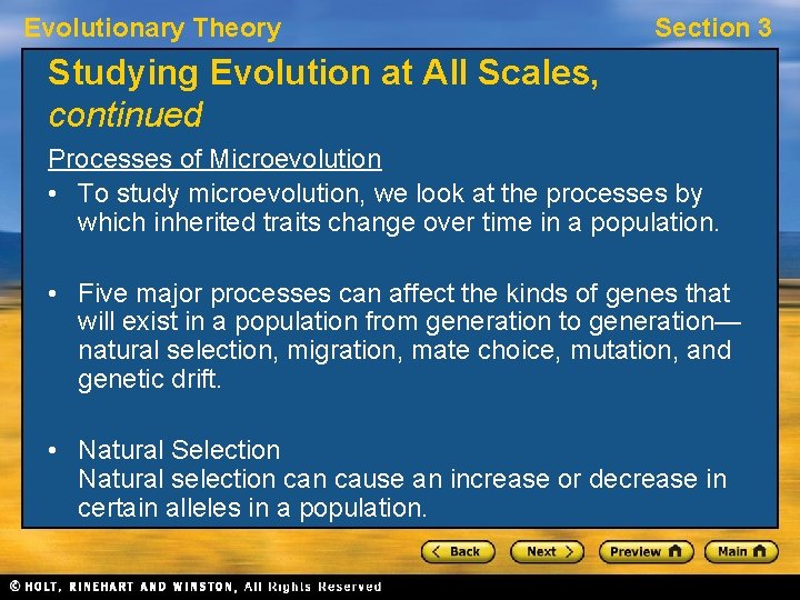 Evolutionary Theory Section 3 Studying Evolution at All Scales, continued Processes of Microevolution • Evolutionary Theory Section 3 Studying Evolution at All Scales, continued Processes of Microevolution •