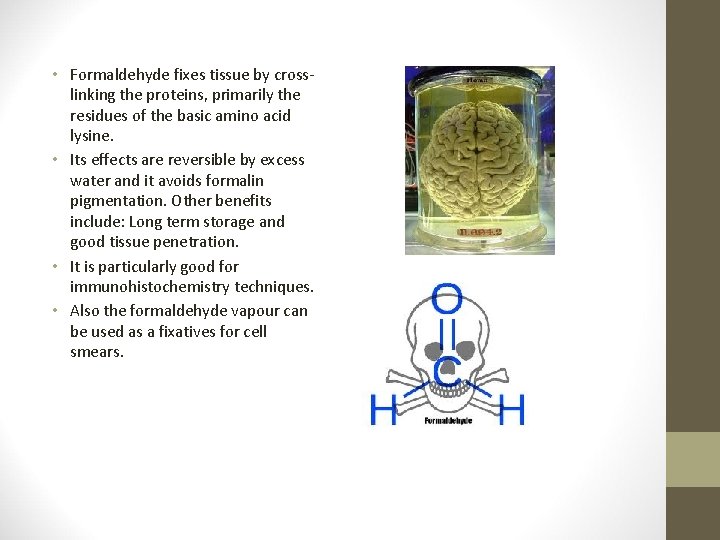  • Formaldehyde fixes tissue by crosslinking the proteins, primarily the residues of the