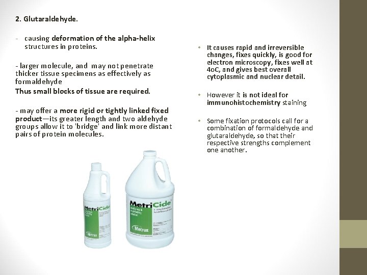 2. Glutaraldehyde. - causing deformation of the alpha-helix structures in proteins. - larger molecule,